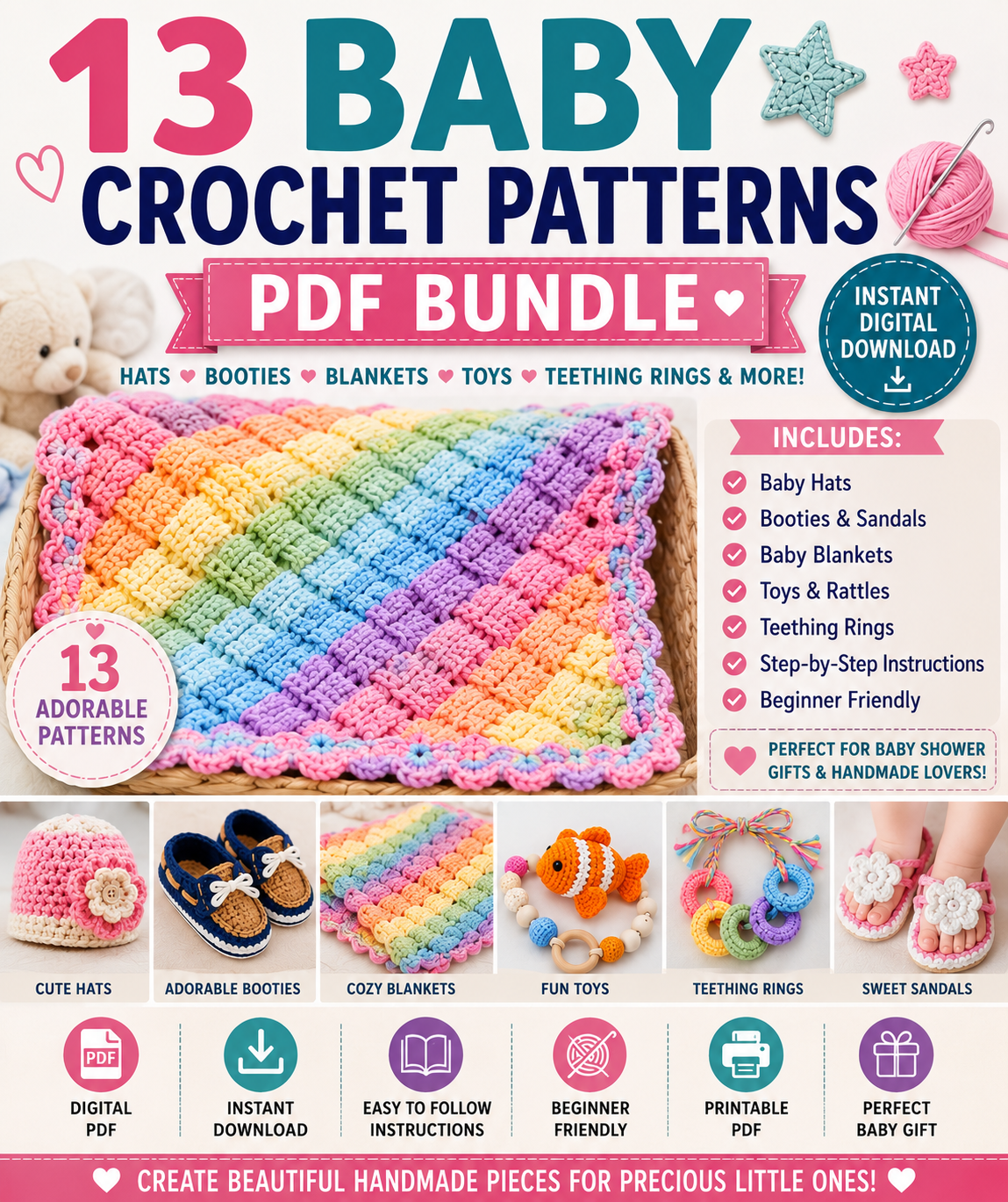 13 Baby Crochet Patterns PDF Bundle | Baby Blankets, Booties, Hats & Toys | Digital Crochet Pattern Book | Instant Download