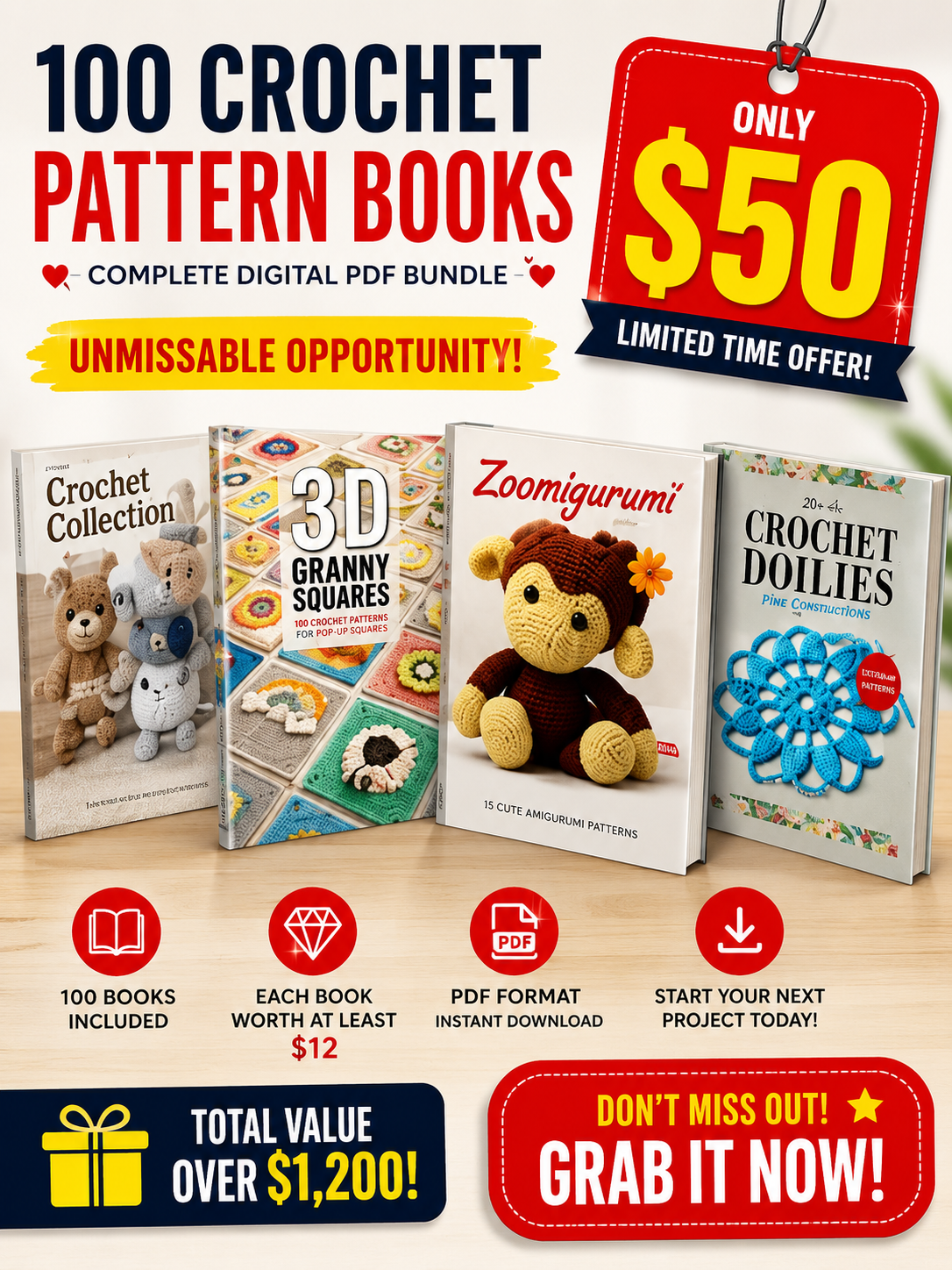 100 Crochet Pattern Books Bundle – Digital PDF Download | Instant Access