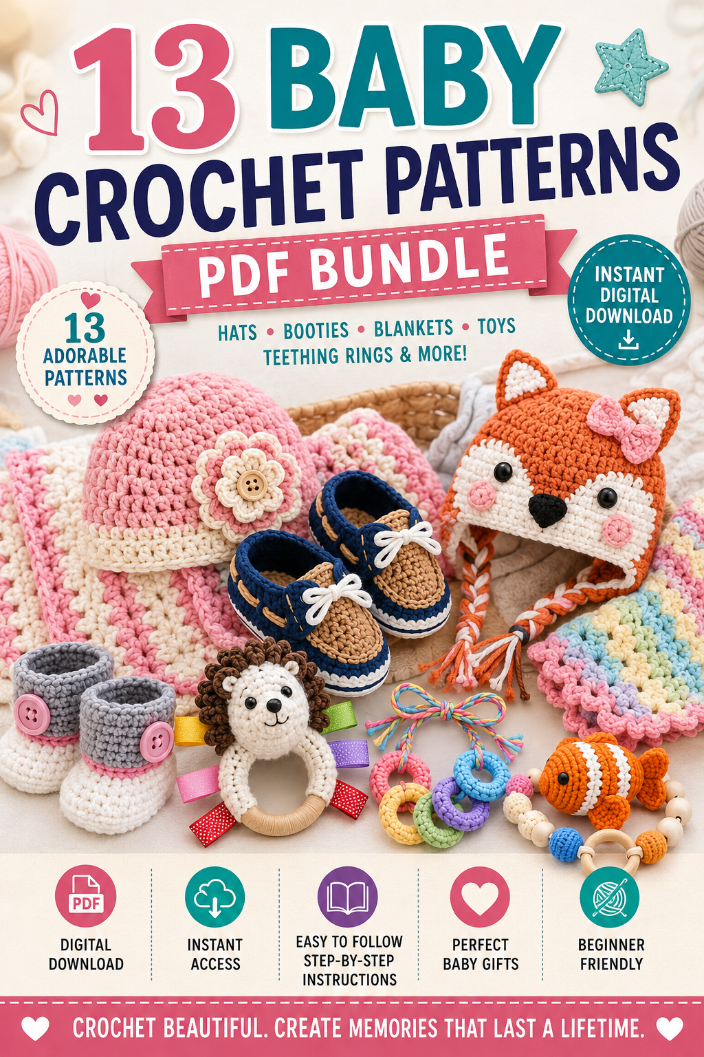 13 Baby Crochet Patterns PDF Bundle | Baby Blankets, Booties, Hats & Toys | Digital Crochet Pattern Book | Instant Download