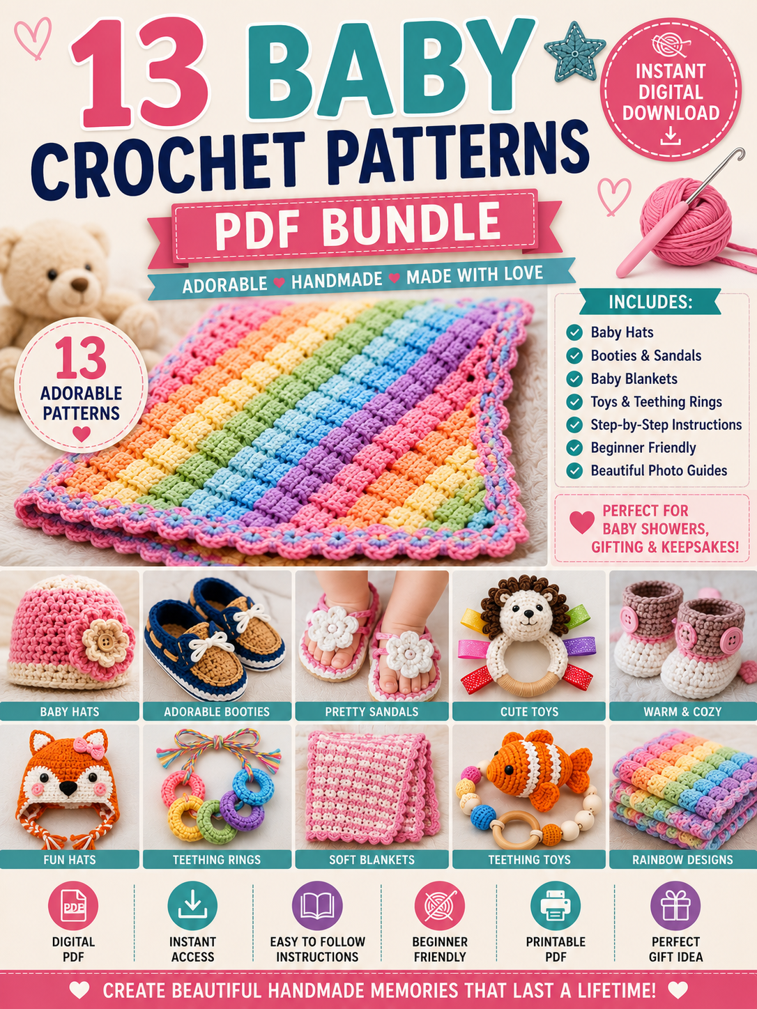 13 Baby Crochet Patterns PDF Bundle | Baby Blankets, Booties, Hats & Toys | Digital Crochet Pattern Book | Instant Download