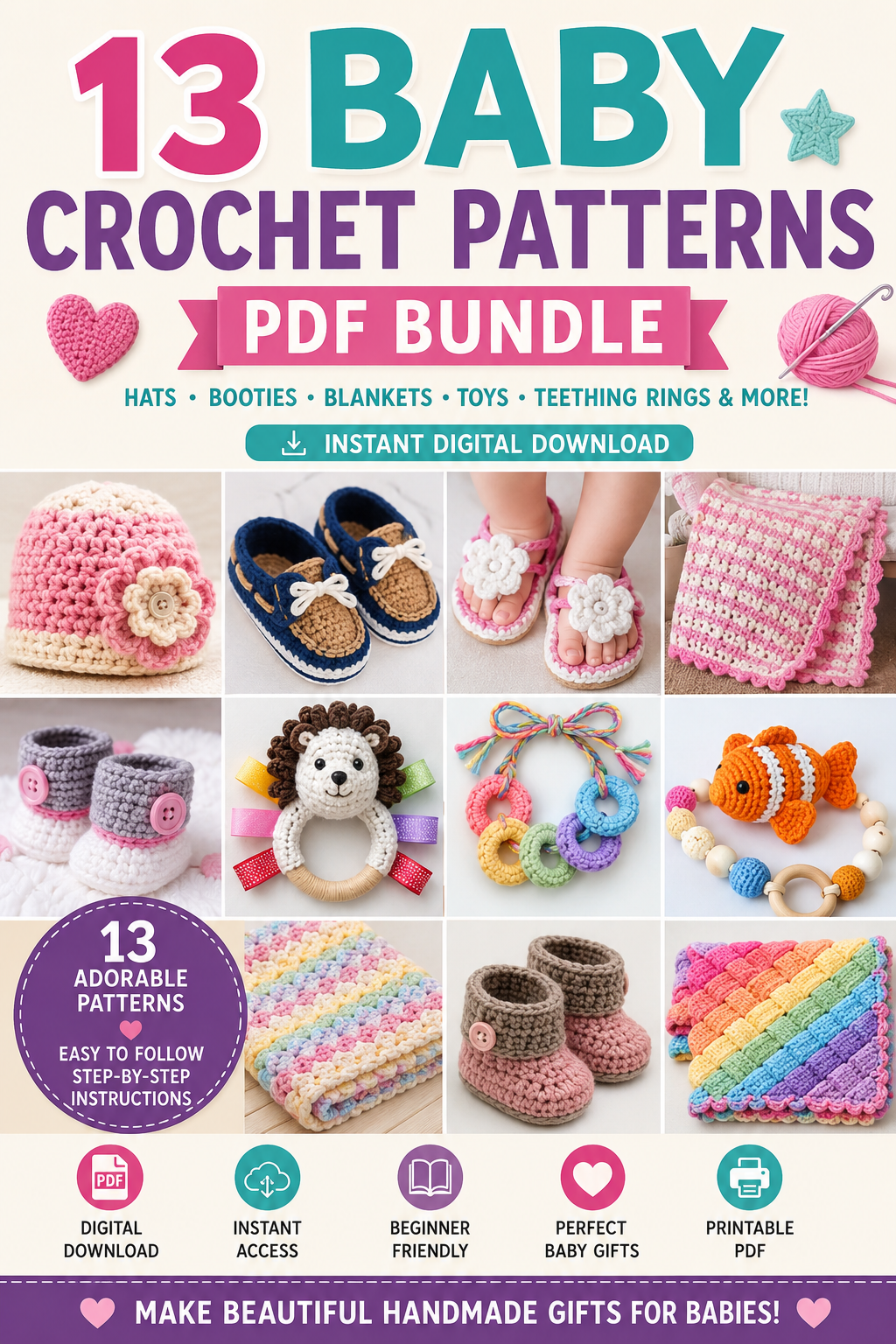 13 Baby Crochet Patterns PDF Bundle | Baby Blankets, Booties, Hats & Toys | Digital Crochet Pattern Book | Instant Download
