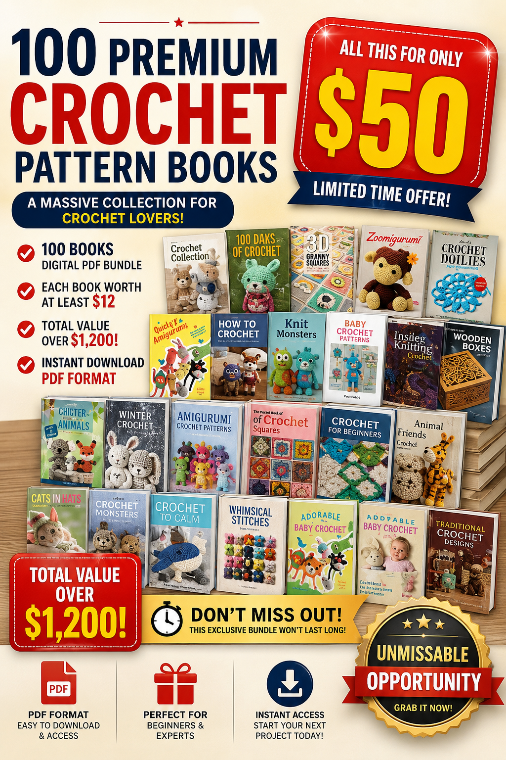 100 Crochet Pattern Books Bundle – Digital PDF Download | Instant Access
