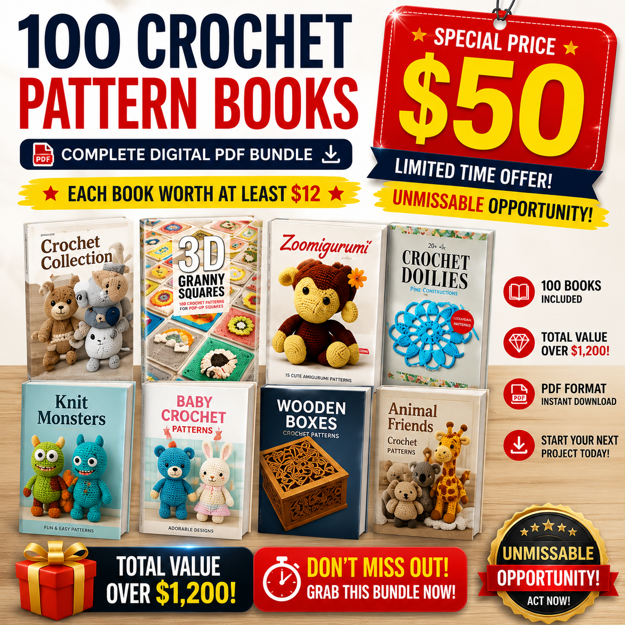 100 Crochet Pattern Books Bundle – Digital PDF Download | Instant Access