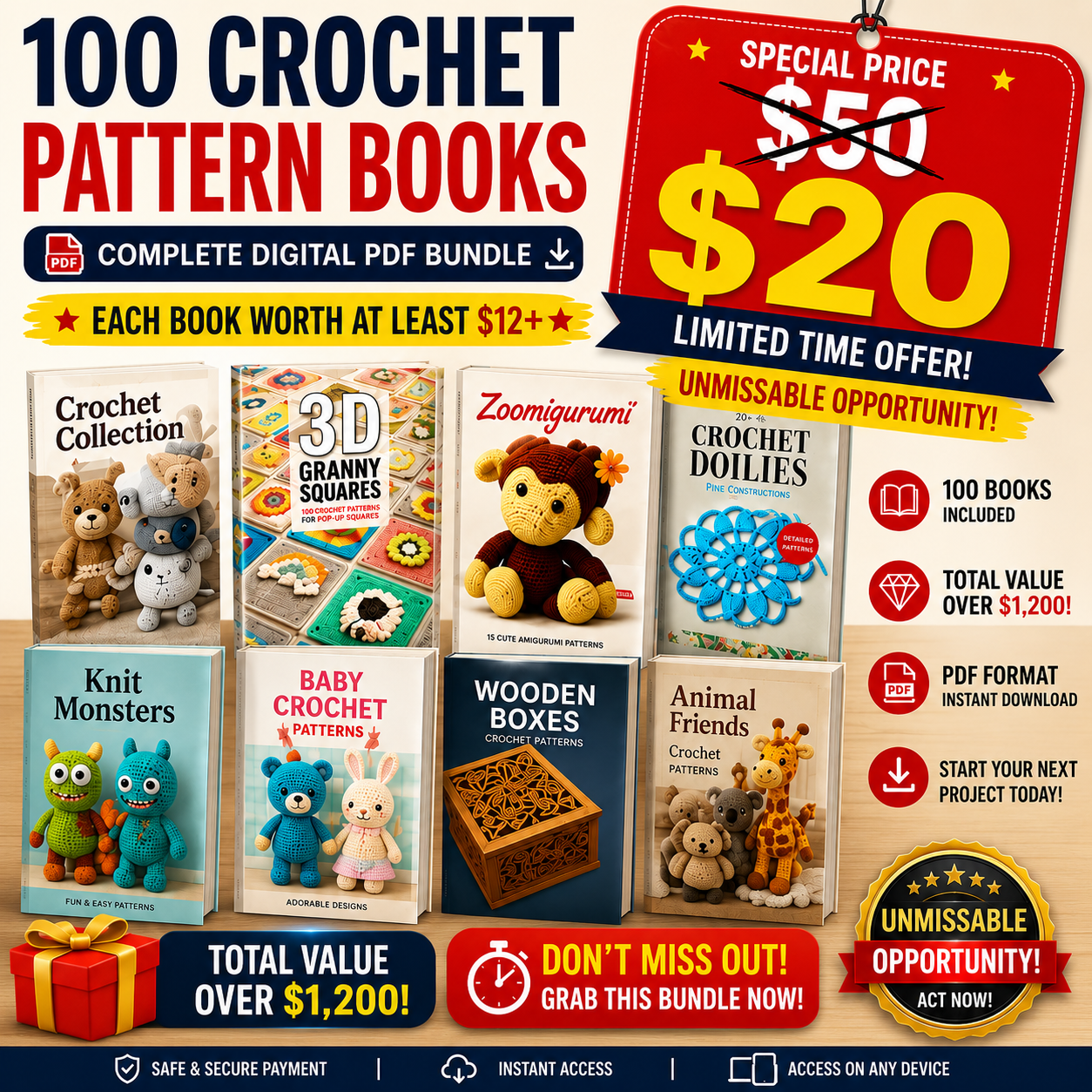 100 Crochet Pattern Books Bundle – Digital PDF Download | Instant Access