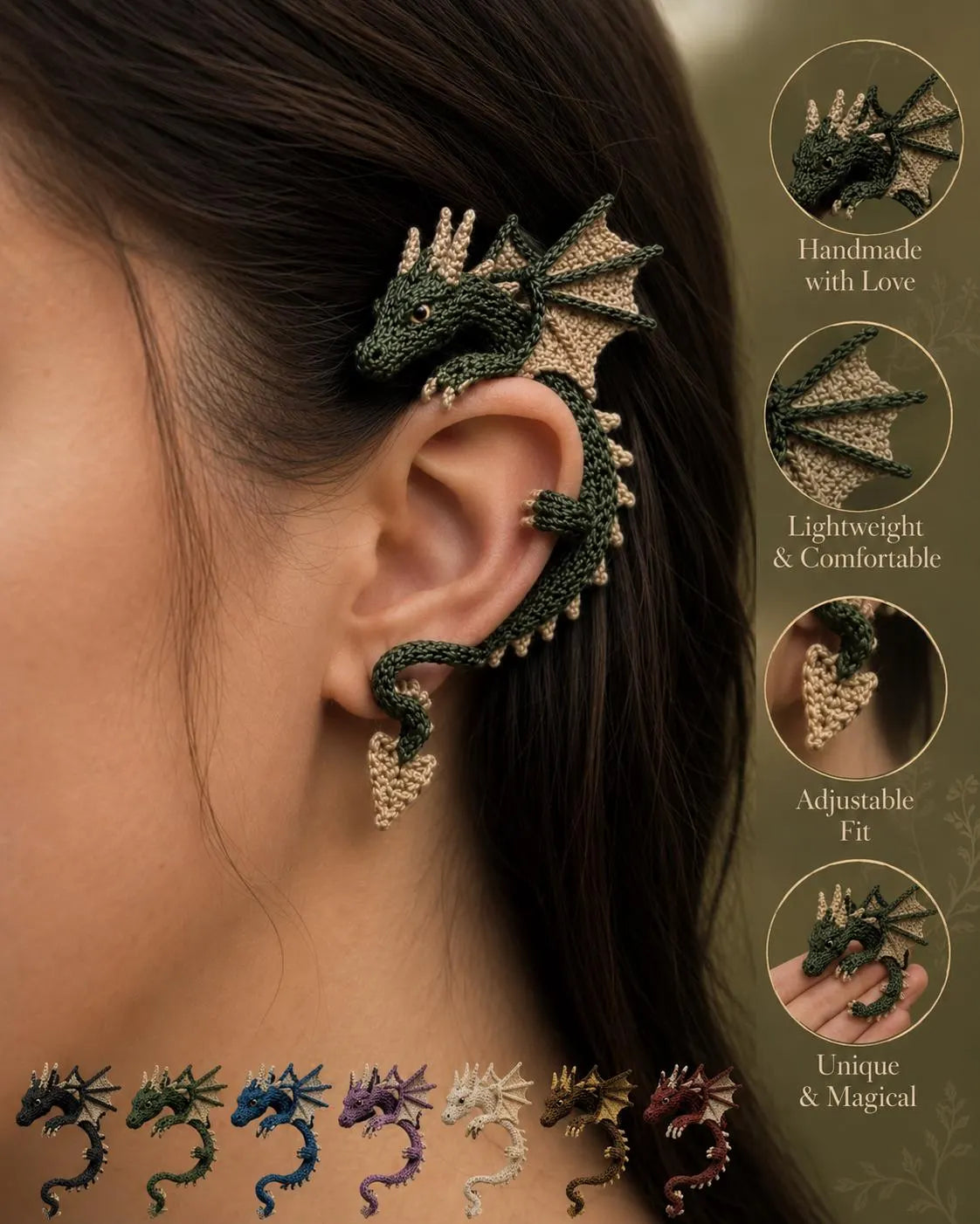Crochet Dragon Ear Cuff Pattern PDF | Fantasy Dragon Ear Wrap Crochet Pattern | Amigurumi Dragon Jewelry | Instant Digital Download