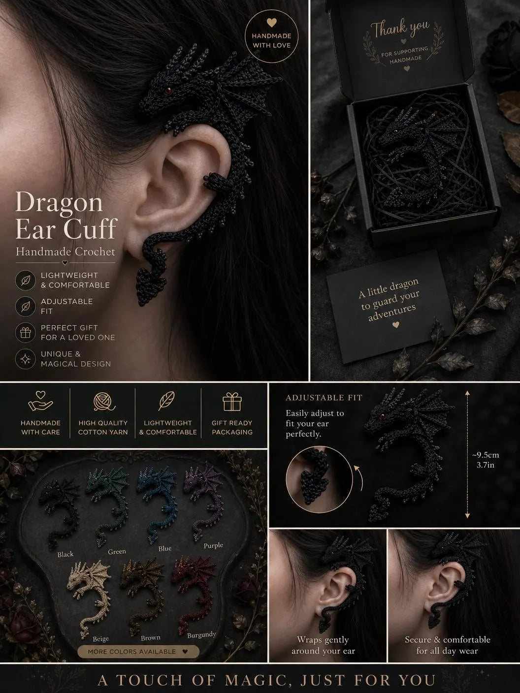 Crochet Dragon Ear Cuff Pattern PDF | Fantasy Dragon Ear Wrap Crochet Pattern | Amigurumi Dragon Jewelry | Instant Digital Download