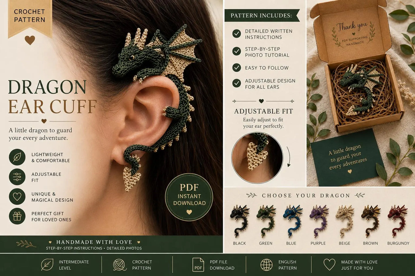 Crochet Dragon Ear Cuff Pattern PDF | Fantasy Dragon Ear Wrap Crochet Pattern | Amigurumi Dragon Jewelry | Instant Digital Download